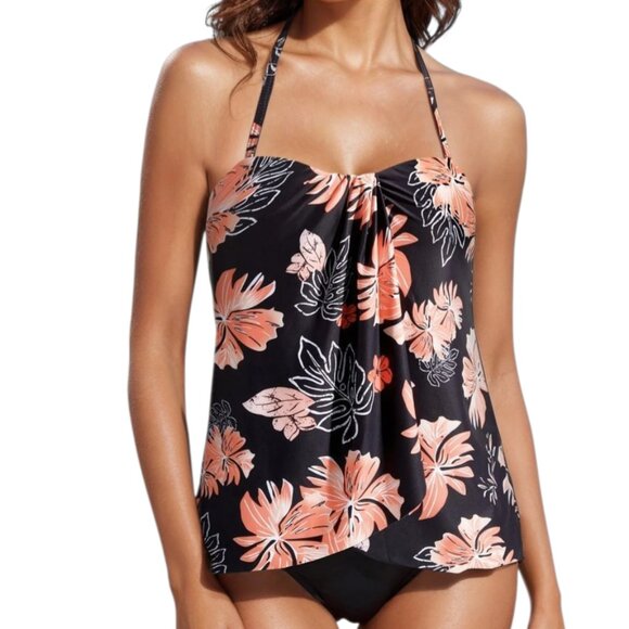 Women's Black & Pink Tropical Floral Print Halter Neck Tankini Set Size L NWT - Picture 1 of 14